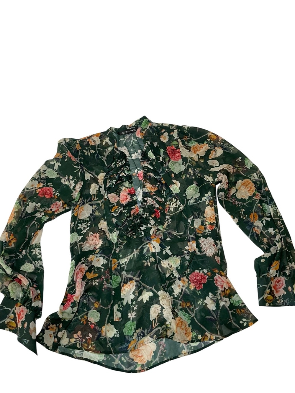 Zara Woman Sheer Floral Ruffle Blouse – Size Small